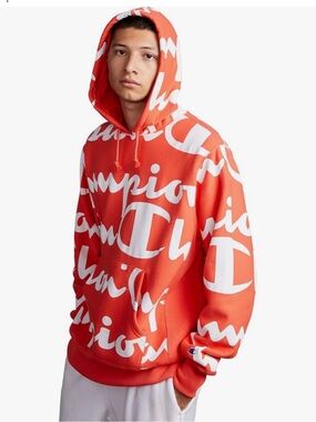 NWOT Champion Orange Hoodie with White Allover Logo